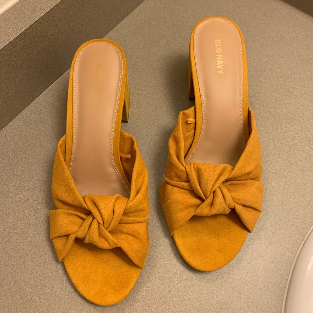 Mustard faux leather mule slides with bow